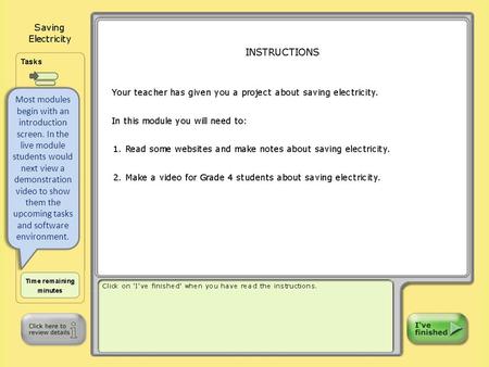 Most modules begin with an introduction screen. In the live module students would next view a demonstration video to show them the upcoming tasks and software.