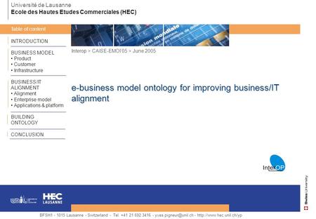 INTRODUCTION BUSINESS MODEL Product Customer Infrastructure BUSINESS/IT ALIGNMENT Alignment Enterprise model Applications & platform BUILDING ONTOLOGY.