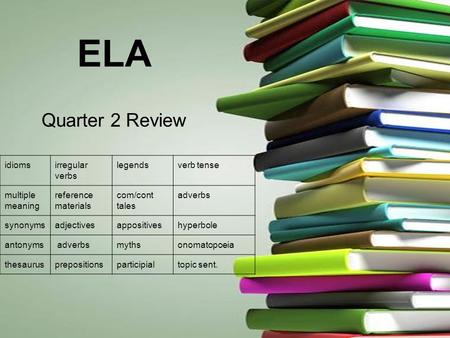 ELA Quarter 2 Review idiomsirregular verbs legendsverb tense multiple meaning reference materials com/cont tales adverbs synonymsadjectivesappositiveshyperbole.