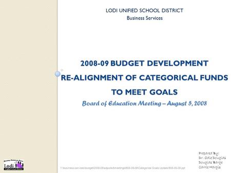 2008-09 BUDGET DEVELOPMENT RE-ALIGNMENT OF CATEGORICAL FUNDS TO MEET GOALS LODI UNIFIED SCHOOL DISTRICT Business Services Y:\business services\budget\2008-09\adjusted\meetings\B08-05-08\Categorical.