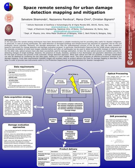 Space remote sensing for urban damage detection mapping and mitigation Salvatore Stramondo 1, Nazzareno Pierdicca 2, Marco Chini 3, Christian Bignami 1.