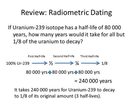 Review: Radiometric Dating If Uranium-239 isotope has a half-life of 80 000 years, how many years would it take for all but 1/8 of the uranium to decay?