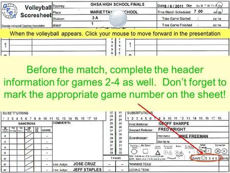 GHSA HIGH SCHOOL FINALS 8 / 6 / 2011 MARIETTA HIGH SCHOOL 7 00 3 A 1 GEOFF SHARPE FRED WRIGHT MIKE FREEMAN JOSE CRUZ JEFF STAPLES Fill in the pre-match.