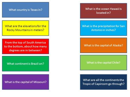 What country is Texas in? What are the elevations for the Rocky Mountains in meters? From the top of South America to the bottom, about how many degrees.