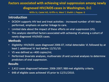 Introduction DCDOH supports HIV test and treat activities - increased number of HIV tests performed, emphasis on earlier linkage to care. Limited data.