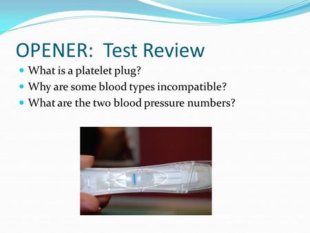 OPENER: Test Review What is a platelet plug? Why are some blood types incompatible? What are the two blood pressure numbers?