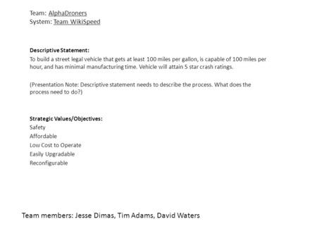Team: AlphaDroners System: Team WikiSpeed Descriptive Statement: To build a street legal vehicle that gets at least 100 miles per gallon, is capable of.