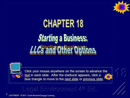 COPYRIGHT © 2011 South-Western/Cengage Learning. 1 Click your mouse anywhere on the screen to advance the text in each slide. After the starburst appears,