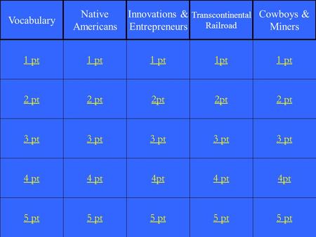 2 pt 3 pt 4 pt 5 pt 1 pt 2 pt 3 pt 4 pt 5 pt 1 pt 2pt 3 pt 4pt 5 pt 1pt 2pt 3 pt 4 pt 5 pt 1 pt 2 pt 3 pt 4pt 5 pt 1 pt Vocabulary Native Americans Innovations.