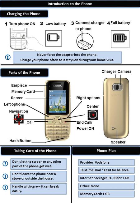 Charging the Phone 1 Don’t let the screen or any other part of the phone get wet. Taking Care of the Phone Don’t leave the phone near a stove or outside.