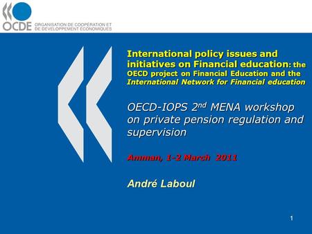 1 International policy issues and initiatives on Financial education : the OECD project on Financial Education and the International Network for Financial.