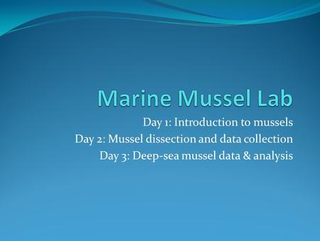 Day 1: Introduction to mussels Day 2: Mussel dissection and data collection Day 3: Deep-sea mussel data & analysis.