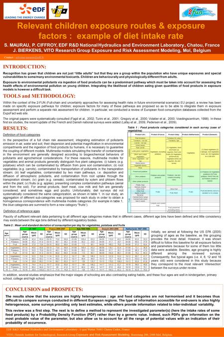 S. MAURAU, P. CIFFROY, EDF R&D National Hydraulics and Environment Laboratory, Chatou, France J. BIERKENS, VITO Research Group Exposure and Risk Assessment.