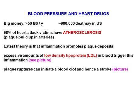 BLOOD PRESSURE AND HEART DRUGS Big money: >50 B$ / y~900,000 deaths/y in US 98% of heart attack victims have ATHEROSCLEROSIS (plaque build up in arteries)