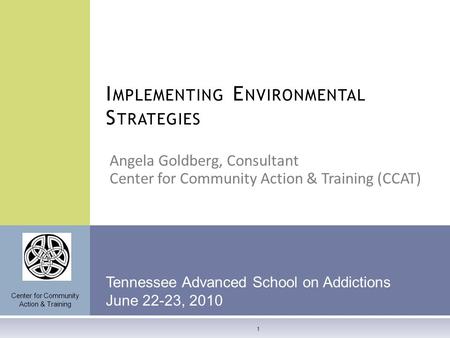 1 Angela Goldberg, Consultant Center for Community Action & Training (CCAT) I MPLEMENTING E NVIRONMENTAL S TRATEGIES Tennessee Advanced School on Addictions.