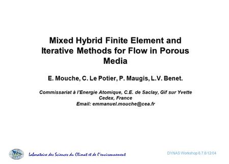 DYNAS Workshop 6,7,8/12/04 Mixed Hybrid Finite Element and Iterative Methods for Flow in Porous Media E. Mouche, C. Le Potier, P. Maugis, L.V. Benet. Commissariat.