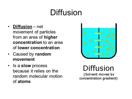 Diffusion Diffusion – net movement of particles from an area of higher concentration to an area of lower concentration Caused by random movement Is a slow.