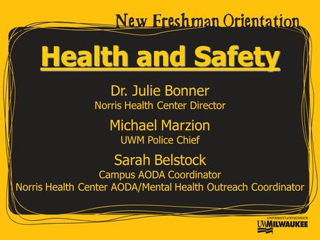 Health and Safety Dr. Julie Bonner Norris Health Center Director Michael Marzion UWM Police Chief Sarah Belstock Campus AODA Coordinator Norris Health.