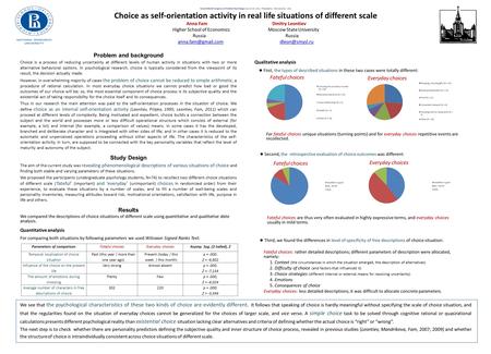 Second World Congress on Positive Psychology (July 23-26, 2011; Philadelphia, Pennsylvania, USA) Choice as self-orientation activity in real life situations.