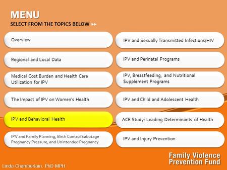 Linda Chamberlain, PhD MPH IPV and Sexually Transmitted Infections/HIV MENU Overview Regional and Local Data The Impact of IPV on Women’s Health IPV and.