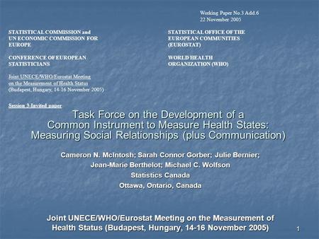 1 Task Force on the Development of a Common Instrument to Measure Health States: Measuring Social Relationships (plus Communication) Cameron N. McIntosh;