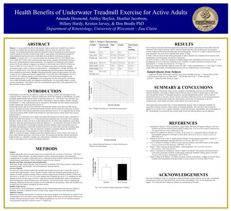 Health Benefits of Underwater Treadmill Exercise for Active Adults Amanda Desmond, Ashley Bayliss, Heather Jacobson, Hillary Hardy, Kristen Jarvey, & Don.