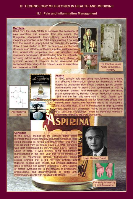 III. TECHNOLOGY MILESTONES IN HEALTH AND MEDICINE III.1. Pain and Inflammation Management Morphine Used from the early 1800s to decrease the sensation.