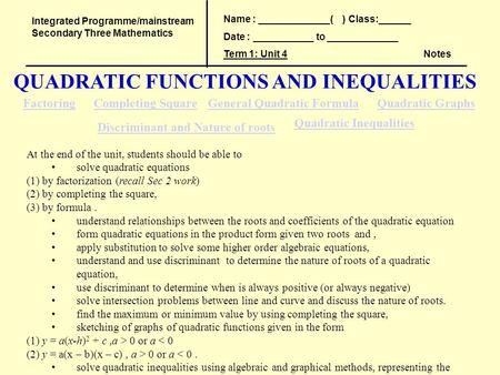 QUADRATIC FUNCTIONS AND INEQUALITIES