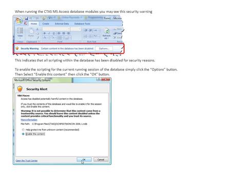 When running the CTAS MS Access database modules you may see this security warning This indicates that all scripting within the database has been disabled.