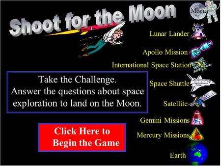 Take the Challenge. Answer the questions about space exploration to land on the Moon. Click Here to Begin the Game Earth Mercury Missions Gemini Missions.