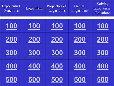 Exponential FunctionsLogarithms Properties of Logarithms Natural Logarithms Solving Exponential Equations 100 200 300 400 500.