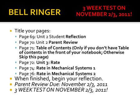  Title your pages:  Page 69: Unit 2 Student Reflection  Page 70: Unit 2 Parent Review  Page 71: Table of Contents (Only if you don’t have Table of.