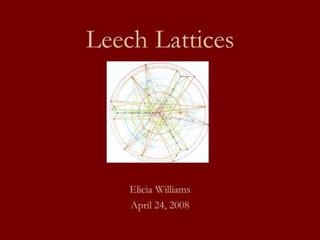 Leech Lattices Elicia Williams April 24, 2008. Background Brief Definition Lattices –2-Dimensions –3-Dimensions –24-Dimensions –Higher Dimensions Applications.