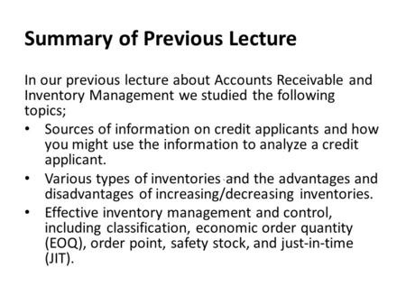 Summary of Previous Lecture