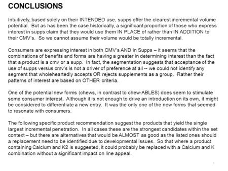 1 CONCLUSIONS Intuitively, based solely on their INTENDED use, supps offer the clearest incremental volume potential. But as has been the case historically,