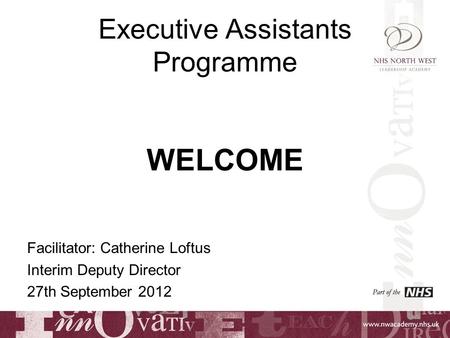 Executive Assistants Programme WELCOME Facilitator: Catherine Loftus Interim Deputy Director 27th September 2012.