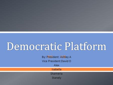  By: President: Ashley A Vice President:David O Alex Isabella Shameria Stanely.