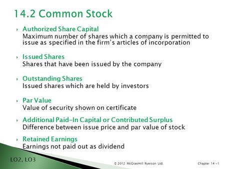 © 2012 McGrawHill Ryerson Ltd.Chapter 14 -1  Authorized Share Capital Maximum number of shares which a company is permitted to issue as specified in the.