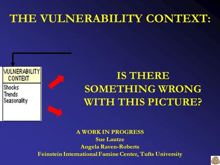 THE VULNERABILITY CONTEXT: A WORK IN PROGRESS Sue Lautze Angela Raven-Roberts Feinstein International Famine Center, Tufts University IS THERE SOMETHING.