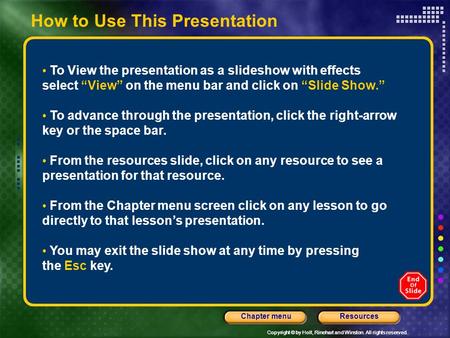 How to Use This Presentation To View the presentation as a slideshow with effects select “View” on the menu bar and click on “Slide Show.” To advance through.