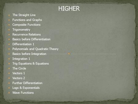 The Straight Line Functions and Graphs Composite Functions Trigonometry Recurrence Relations Basics before Differentiation Differentiation 1 Polynomials.