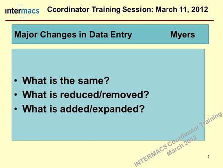 Coordinator Training Session: March 11, 2012 Major Changes in Data EntryMyers 1 What is the same? What is reduced/removed? What is added/expanded? INTERMACS.