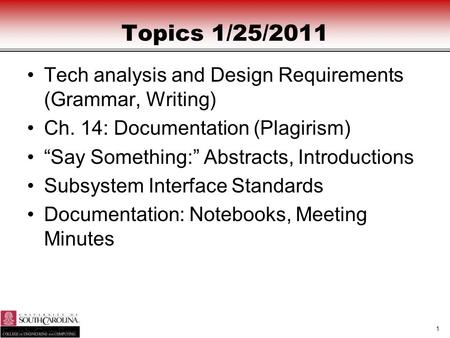 1 Topics 1/25/2011 Tech analysis and Design Requirements (Grammar, Writing) Ch. 14: Documentation (Plagirism) “Say Something:” Abstracts, Introductions.