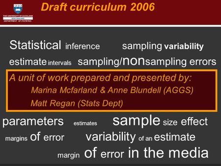 DEPARTMENT OF STATISTICS Statistical inference sampling variability estimate intervals sampling/ non sampling errors parameters estimates sample size effect.