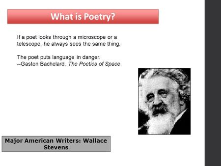 What is Poetry? If a poet looks through a microscope or a telescope, he always sees the same thing. The poet puts language in danger. --Gaston Bachelard,