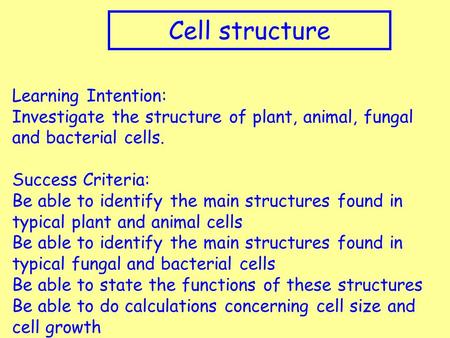 Cell structure Learning Intention: