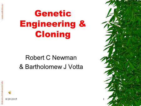 8/29/20151 Genetic Engineering & Cloning Robert C Newman & Bartholomew J Votta Abstracts of Powerpoint Talks - newmanlib.ibri.org -newmanlib.ibri.org.