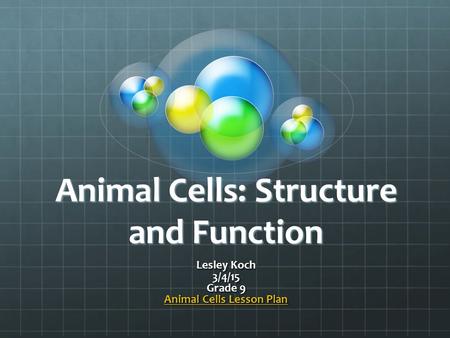 Animal Cells: Structure and Function Lesley Koch 3/4/15 Grade 9 Animal Cells Lesson Plan Animal Cells Lesson Plan.