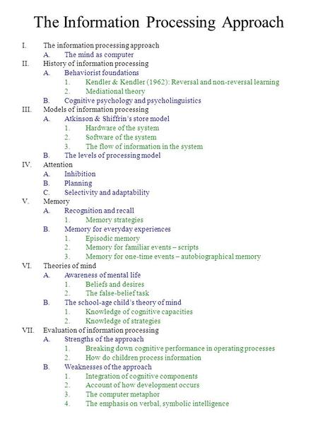 The Information Processing Approach I.The information processing approach A.The mind as computer II.History of information processing A.Behaviorist foundations.