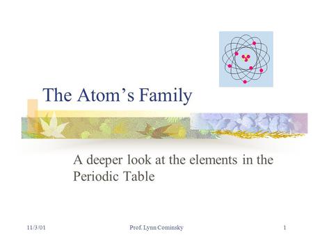 11/3/01Prof. Lynn Cominsky1 The Atom’s Family A deeper look at the elements in the Periodic Table.